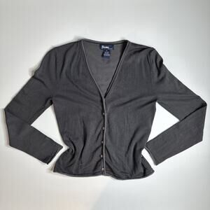 VTG Bisou Bisou Jeans Women’s Satin Gray Tight Knit VNeck Cardigan Button Up M